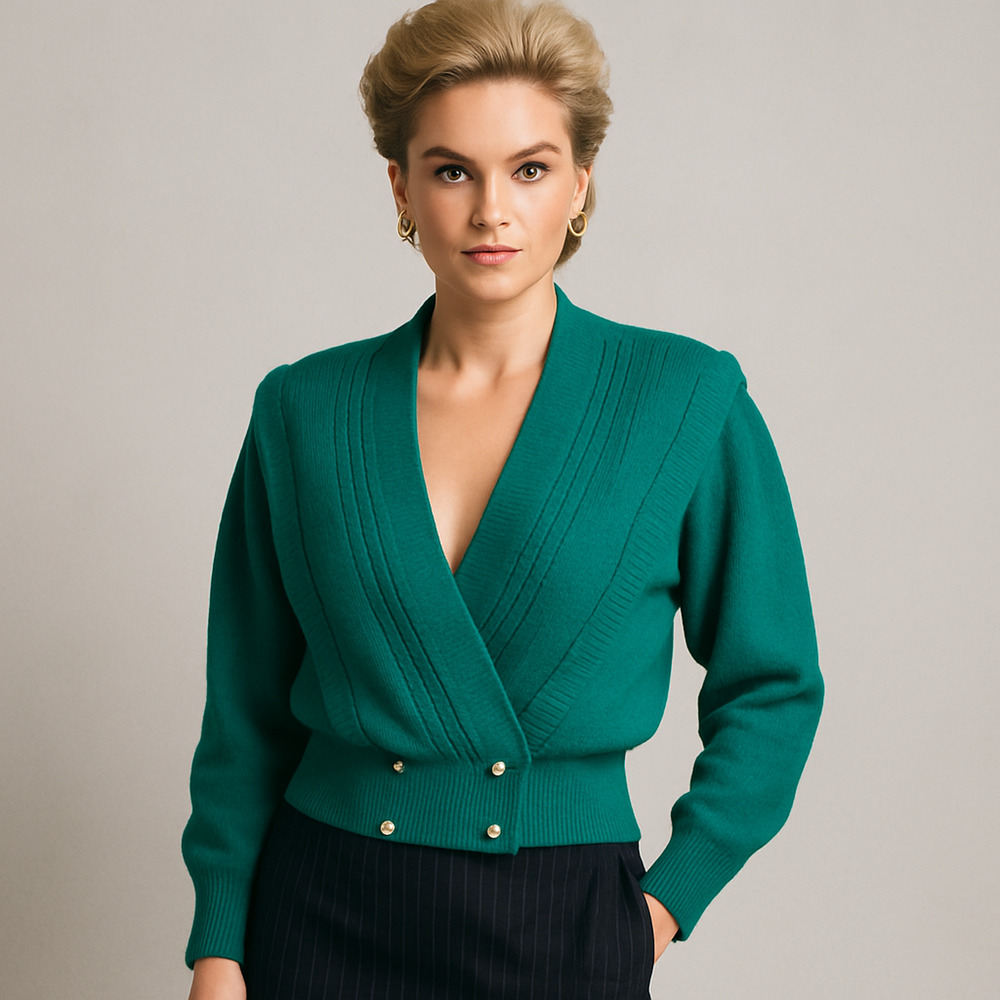 Vintage Sideffects Sweater Size M Green Pearl Buttons Balloon Sleeve Deep Neck